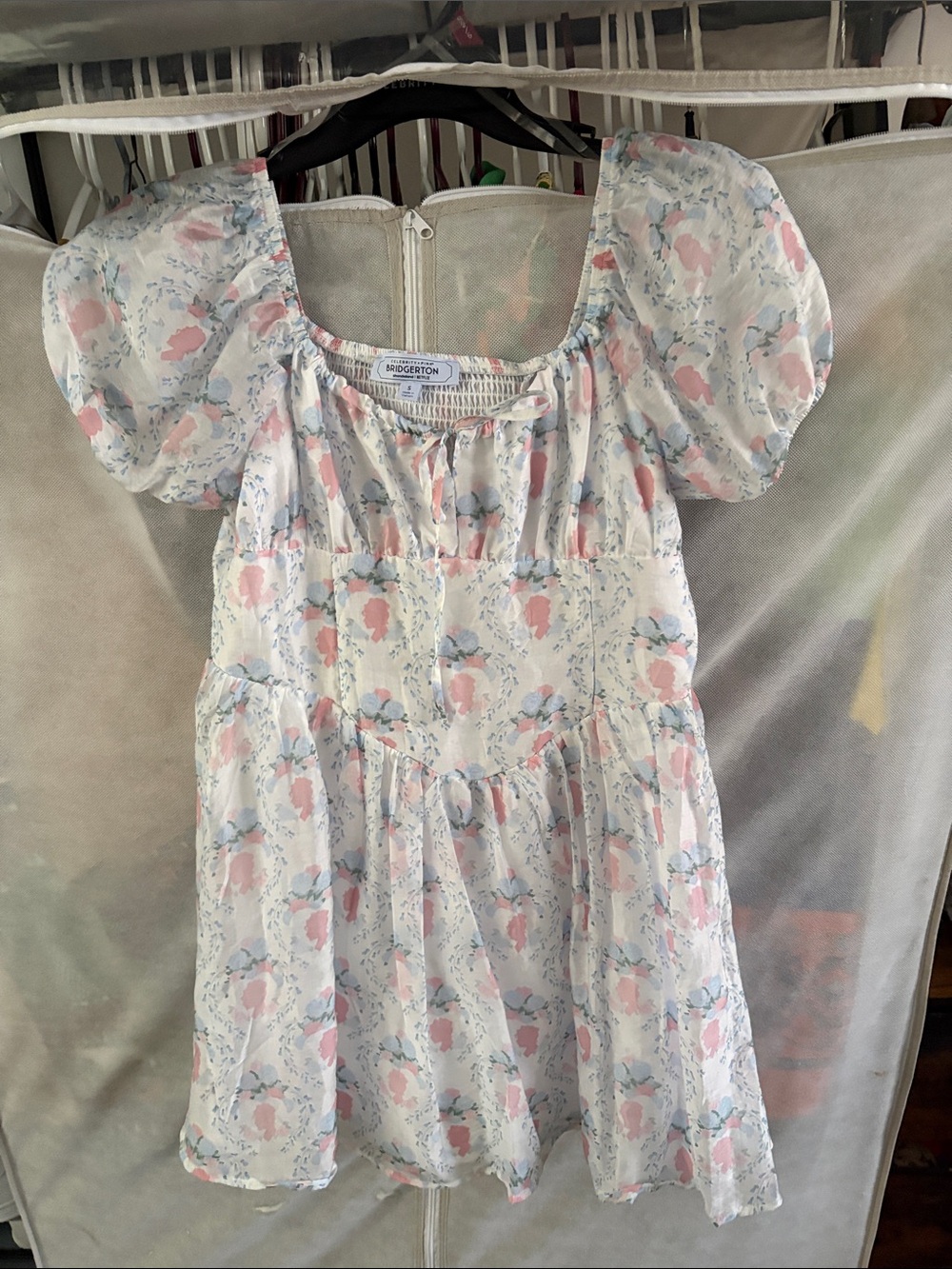 Bridgeton Floral Puff-Sleeve Mini Dress in Pastel Pink & Blue